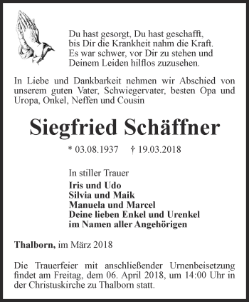 Traueranzeige von Siegfried Schäffner von Thüringer Allgemeine, Thüringische Landeszeitung