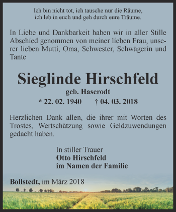 Traueranzeige von Sieglinde Hirschfeld von Thüringer Allgemeine, Thüringische Landeszeitung