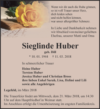 Traueranzeige von Sieglinde Huber von Thüringer Allgemeine, Thüringische Landeszeitung