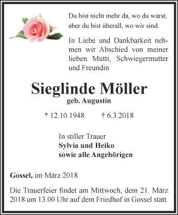 Traueranzeige von Sieglinde Möller von Thüringer Allgemeine