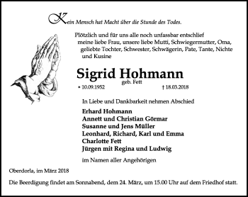 Traueranzeige von Sigrid Hohmann von Thüringer Allgemeine, Thüringische Landeszeitung