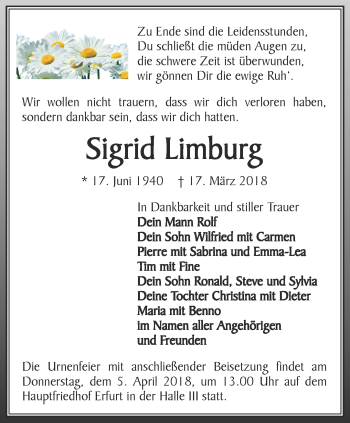Traueranzeige von Sigrid Limburg von Thüringer Allgemeine, Thüringische Landeszeitung