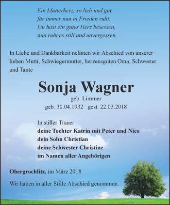 Traueranzeige von Sonja Wagner von Ostthüringer Zeitung