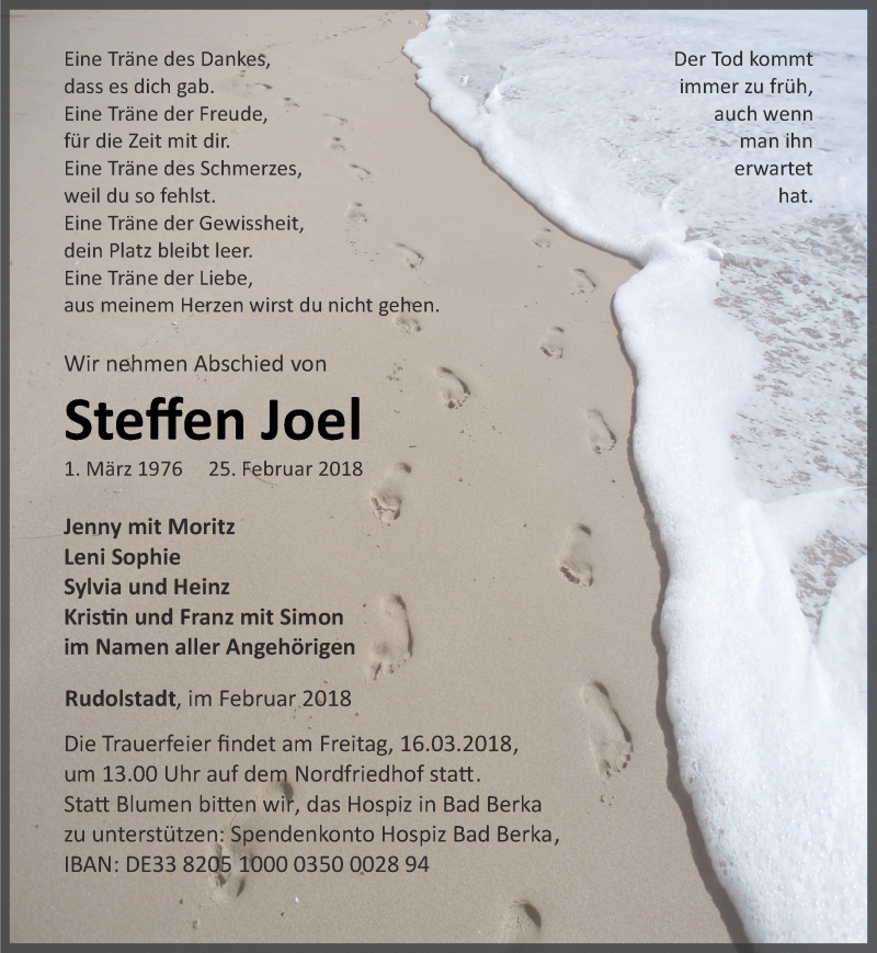  Traueranzeige für Steffen Joel vom 10.03.2018 aus Ostthüringer Zeitung