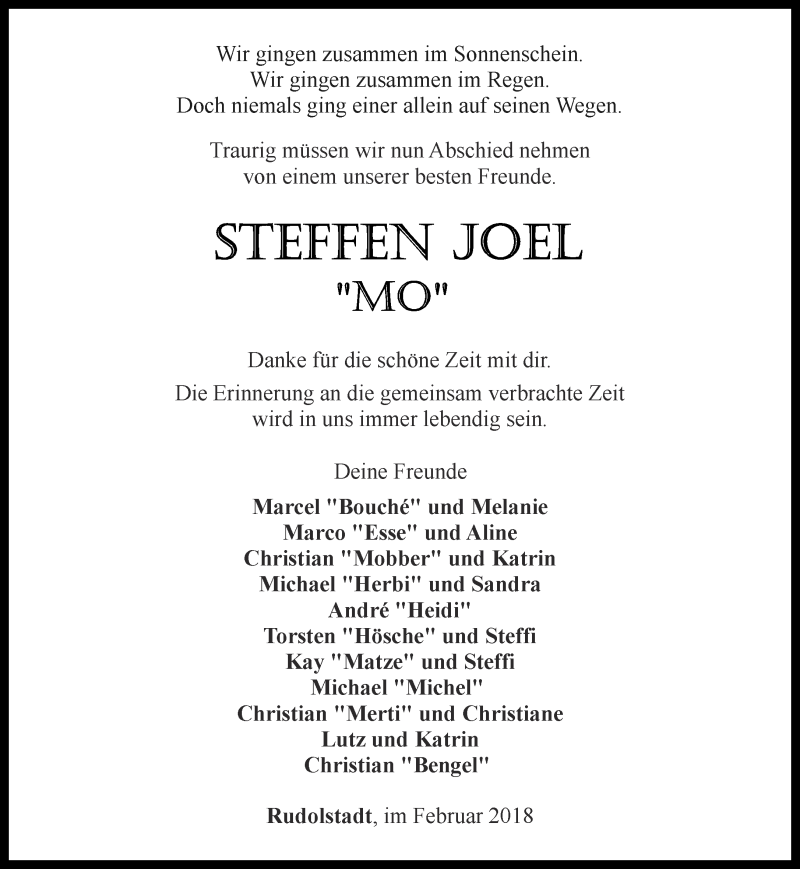  Traueranzeige für Steffen Joel vom 10.03.2018 aus Ostthüringer Zeitung