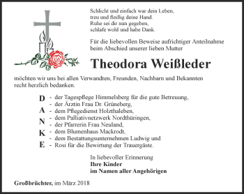 Traueranzeige von Theodora Weißleder von Thüringer Allgemeine