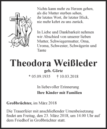 Traueranzeige von Theodora Weißleder von Thüringer Allgemeine