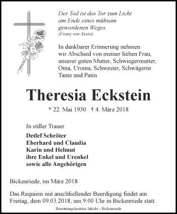 Traueranzeige von Theresia Eckstein von Thüringer Allgemeine, Thüringische Landeszeitung