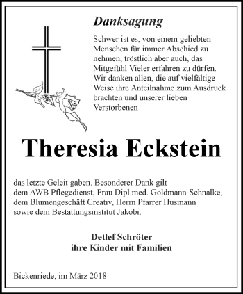 Traueranzeige von Theresia Eckstein von Thüringer Allgemeine, Thüringische Landeszeitung