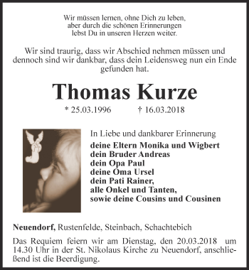 Traueranzeige von Thomas Kurze von Thüringer Allgemeine