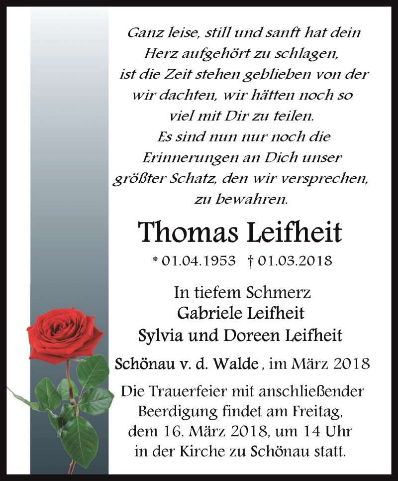  Traueranzeige für Thomas Leifheit vom 10.03.2018 aus Ostthüringer Zeitung, Thüringische Landeszeitung