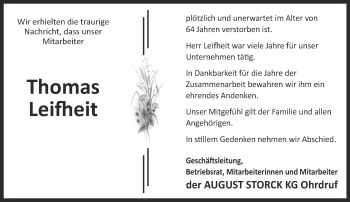 Traueranzeige von Thomas Leifheit von Ostthüringer Zeitung, Thüringische Landeszeitung