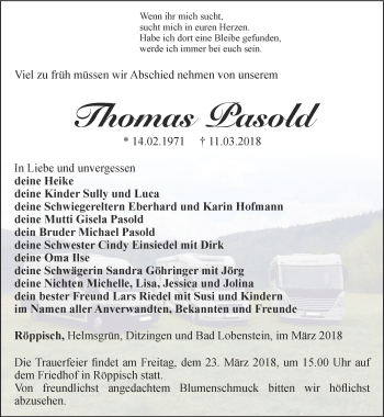 Traueranzeige von Thomas Pasold von Ostthüringer Zeitung