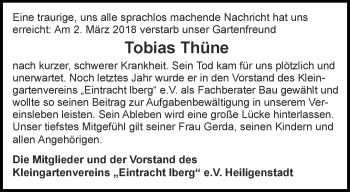 Traueranzeige von Tobias Thüne von Thüringer Allgemeine