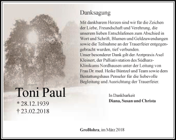 Traueranzeige von Toni Paul von Thüringer Allgemeine