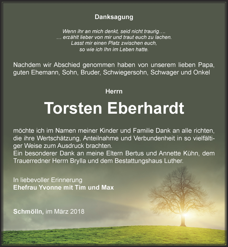  Traueranzeige für Torsten Eberhardt vom 31.03.2018 aus Ostthüringer Zeitung