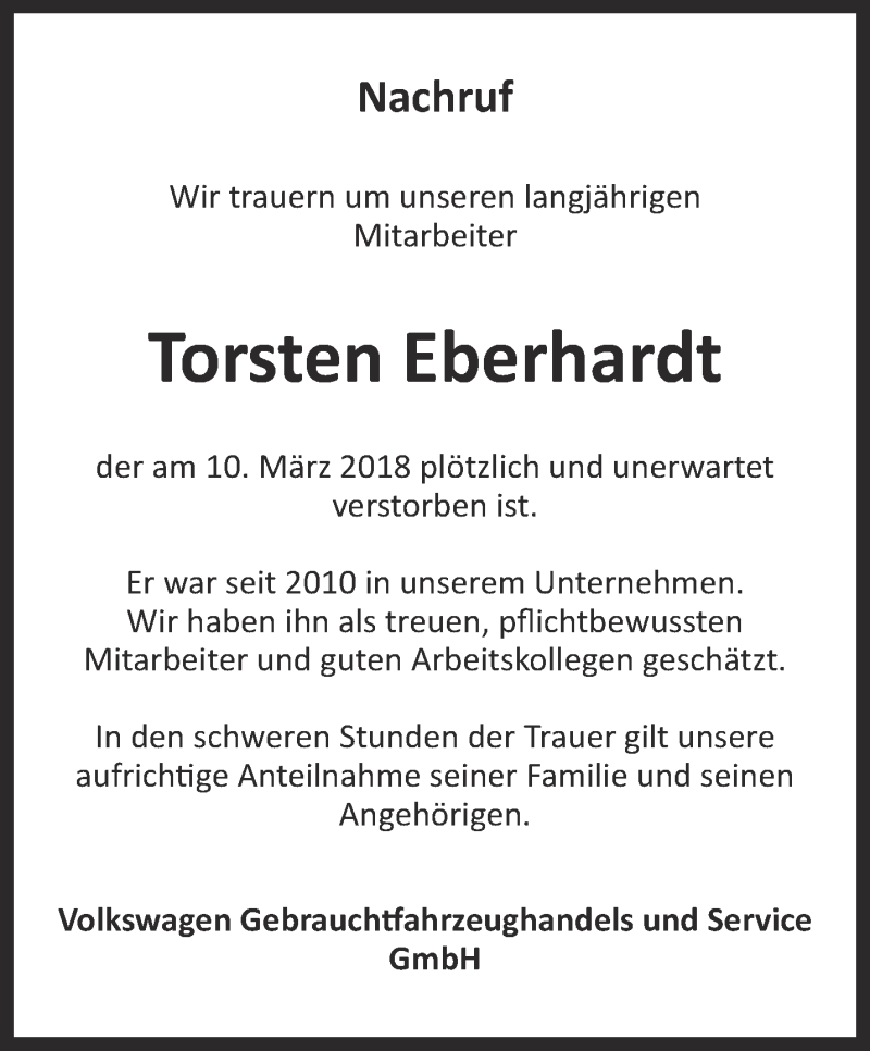  Traueranzeige für Torsten Eberhardt vom 17.03.2018 aus Ostthüringer Zeitung