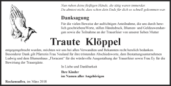 Traueranzeige von Traute Klöppel von Thüringer Allgemeine