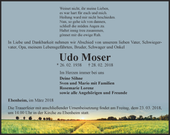 Traueranzeige von Udo Moser von Ostthüringer Zeitung, Thüringische Landeszeitung