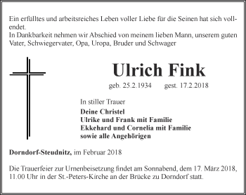 Traueranzeige von Ulrich Fink von Ostthüringer Zeitung, Thüringische Landeszeitung