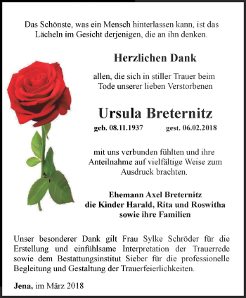 Traueranzeige von Ursula Breternitz von Ostthüringer Zeitung, Thüringische Landeszeitung