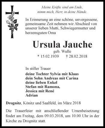 Traueranzeige von Ursula Jauche von Ostthüringer Zeitung