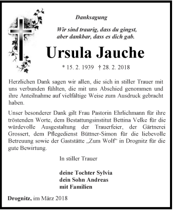 Traueranzeige von Ursula Jauche von Ostthüringer Zeitung