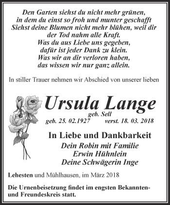 Traueranzeige von Ursula Lange von Ostthüringer Zeitung