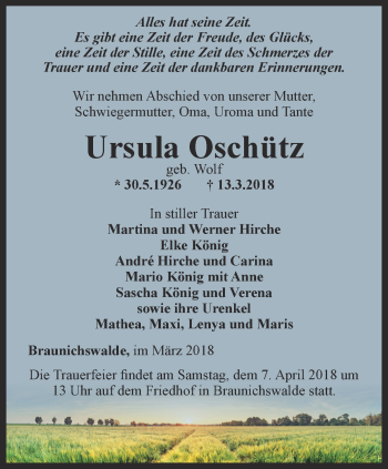Traueranzeige von Ursula Oschütz von Ostthüringer Zeitung