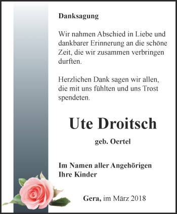 Traueranzeige von Ute Droitsch von Ostthüringer Zeitung