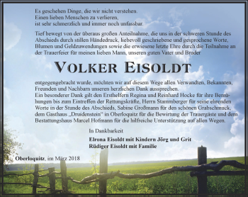 Traueranzeige von Volker Eisoldt von Ostthüringer Zeitung