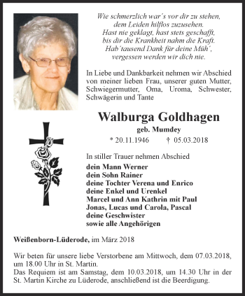 Traueranzeige von Walburga Goldhagen von Thüringer Allgemeine