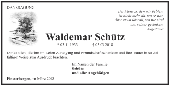 Traueranzeige von Waldemar Schütz von Ostthüringer Zeitung, Thüringische Landeszeitung