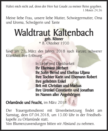 Traueranzeige von Waldtraut Kaltenbach von Ostthüringer Zeitung, Thüringische Landeszeitung