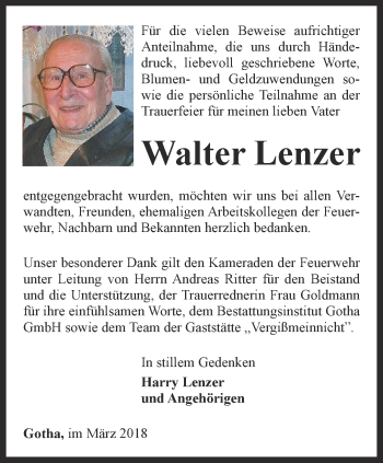 Traueranzeige von Walter Lenzer von Ostthüringer Zeitung, Thüringische Landeszeitung