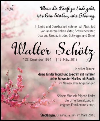 Traueranzeige von Walter Schötz von Thüringer Allgemeine, Thüringische Landeszeitung