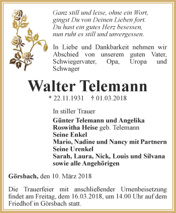 Traueranzeige von Walter Telemann von Thüringer Allgemeine