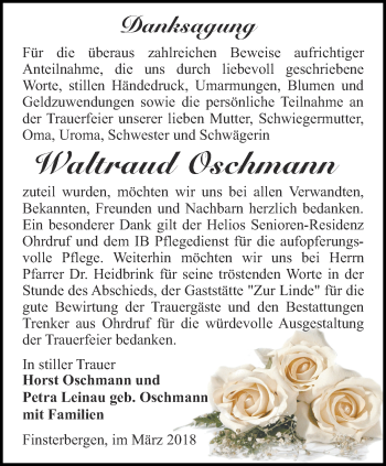 Traueranzeige von Waltraud Oschmann von Ostthüringer Zeitung, Thüringische Landeszeitung