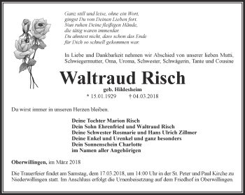 Traueranzeige von Waltraud Risch von Thüringer Allgemeine