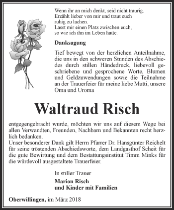 Traueranzeige von Waltraud Risch von Thüringer Allgemeine