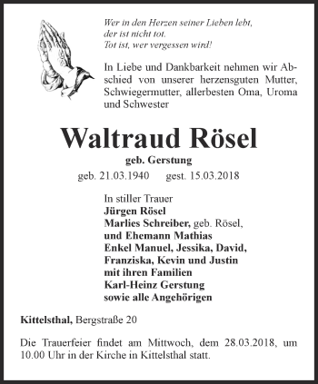 Traueranzeige von Waltraud Rösel von Thüringer Allgemeine, Thüringische Landeszeitung