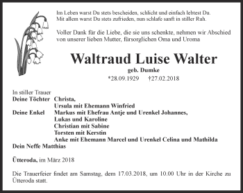 Traueranzeige von Waltraud Luise Walter von Thüringer Allgemeine, Thüringische Landeszeitung