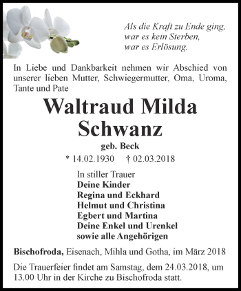 Traueranzeige von Waltraud Milda Schwanz von Thüringer Allgemeine, Thüringische Landeszeitung