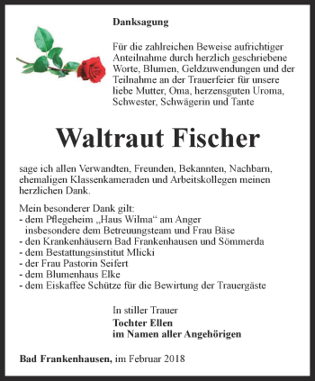 Traueranzeige von Waltraut Fischer von Thüringer Allgemeine