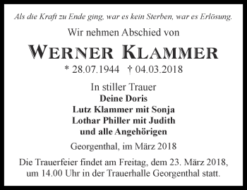 Traueranzeige von Werner Klammer von Ostthüringer Zeitung, Thüringische Landeszeitung