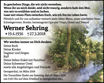 Traueranzeige von Werner Sehring von Ostthüringer Zeitung, Thüringische Landeszeitung