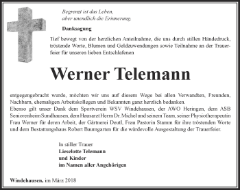 Traueranzeige von Werner Telemann von Thüringer Allgemeine