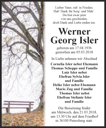 Traueranzeige von Werner Georg Isler von Ostthüringer Zeitung