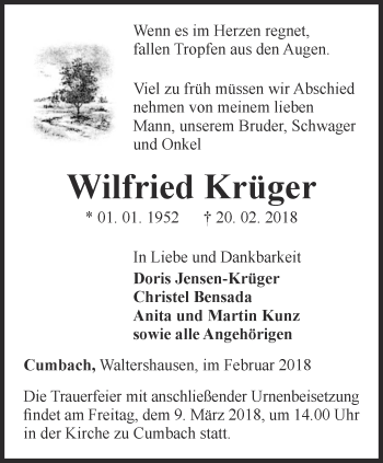 Traueranzeige von Wilfried Krüger von Ostthüringer Zeitung, Thüringische Landeszeitung