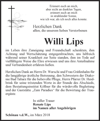 Traueranzeige von Willi Lips von Ostthüringer Zeitung, Thüringische Landeszeitung